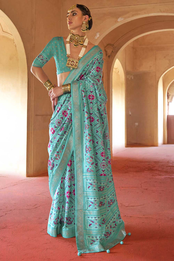 Cyan Color Art Silk Fabric Patola Printed Saree For Festive