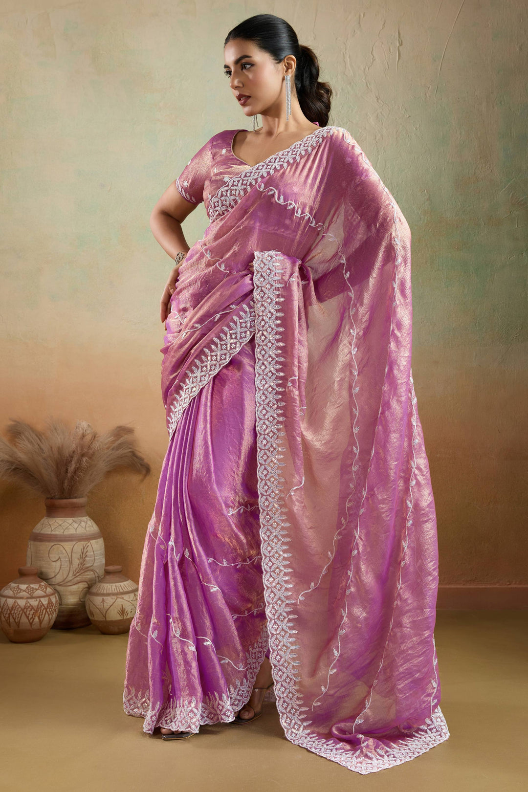 Pink Color Thread Sequins Work Tissue Fabric Saree
