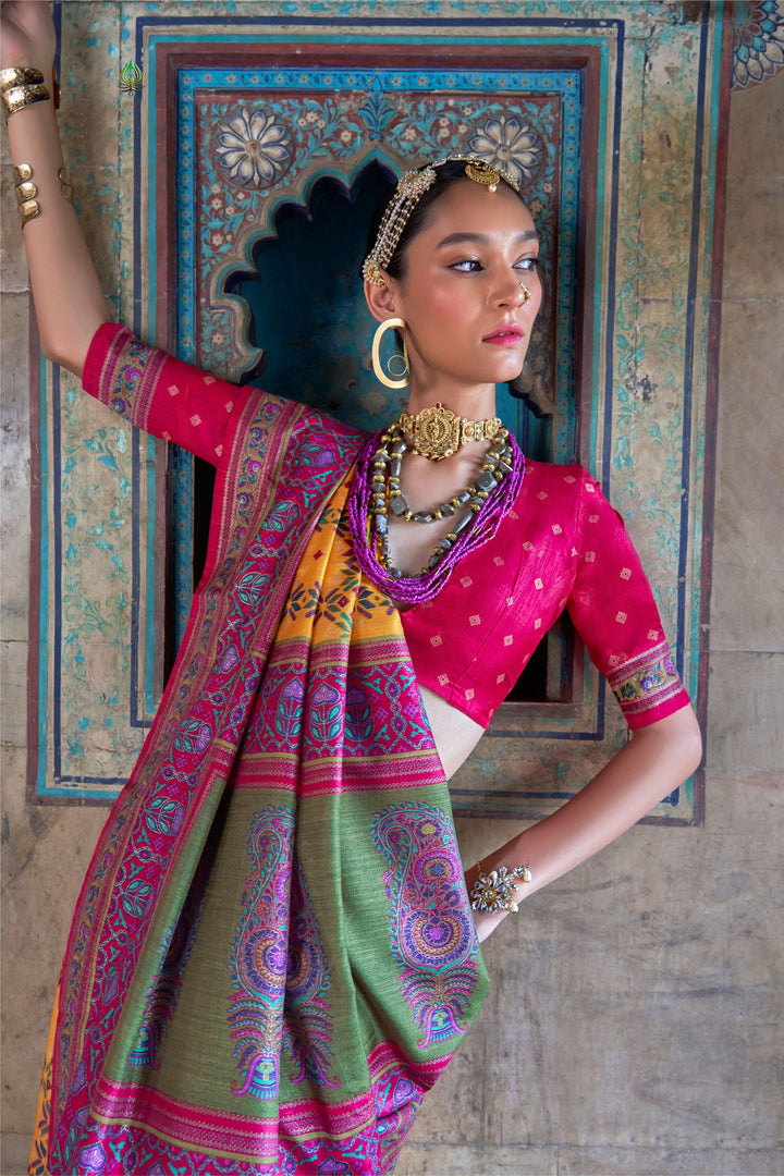 Yellow Color Sober Patola Printed Saree In Art Silk Fabric
