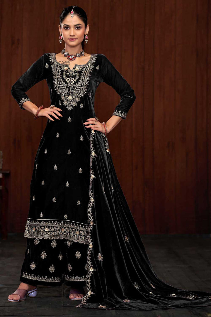 Creative Function Wear Velvet Palazzo Suit In Black Color