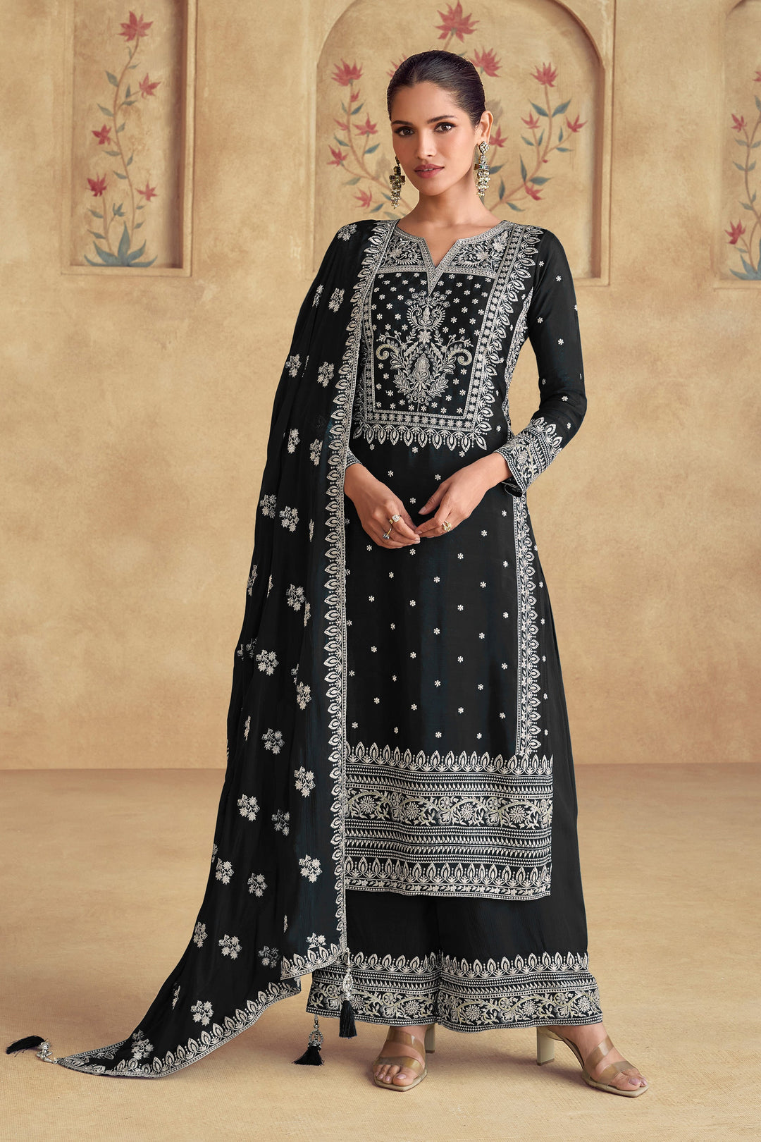 Embroidered Georgette Fabric Palazzo Suit In Black Color