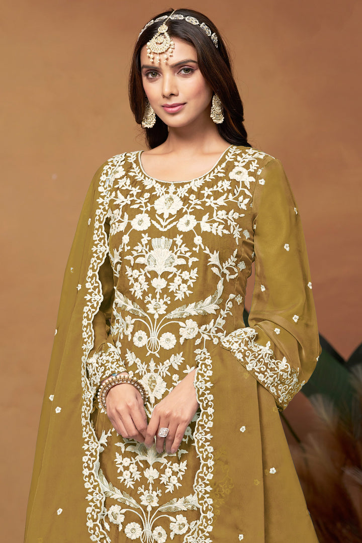 Incredible Organza Fabric Mustard Color Function Wear Salwar Suit