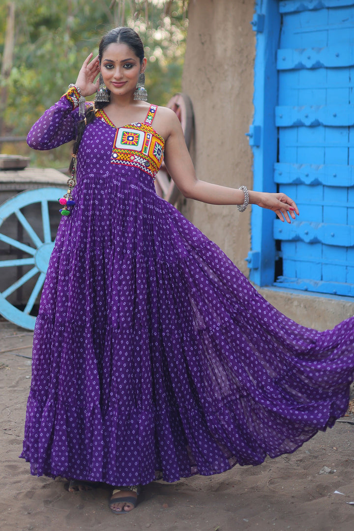 Georgette Fabric Bandhani Printed Charismatic Readymade Long Gown In Purple Color