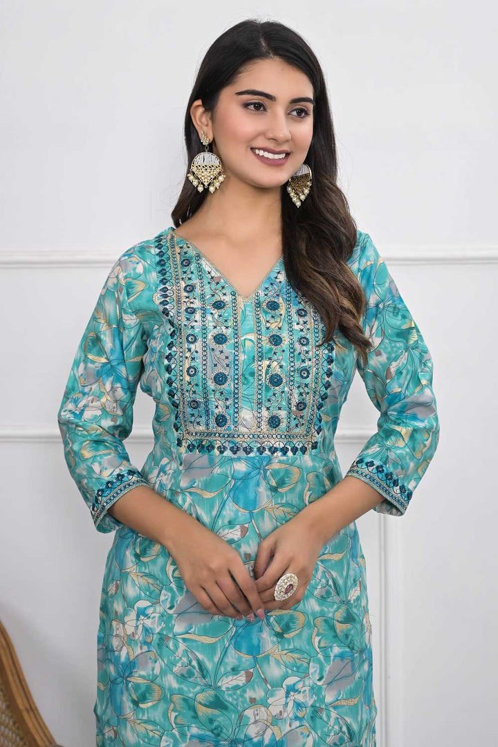 Sober Chanderi Fabric Cyan Color Kurti