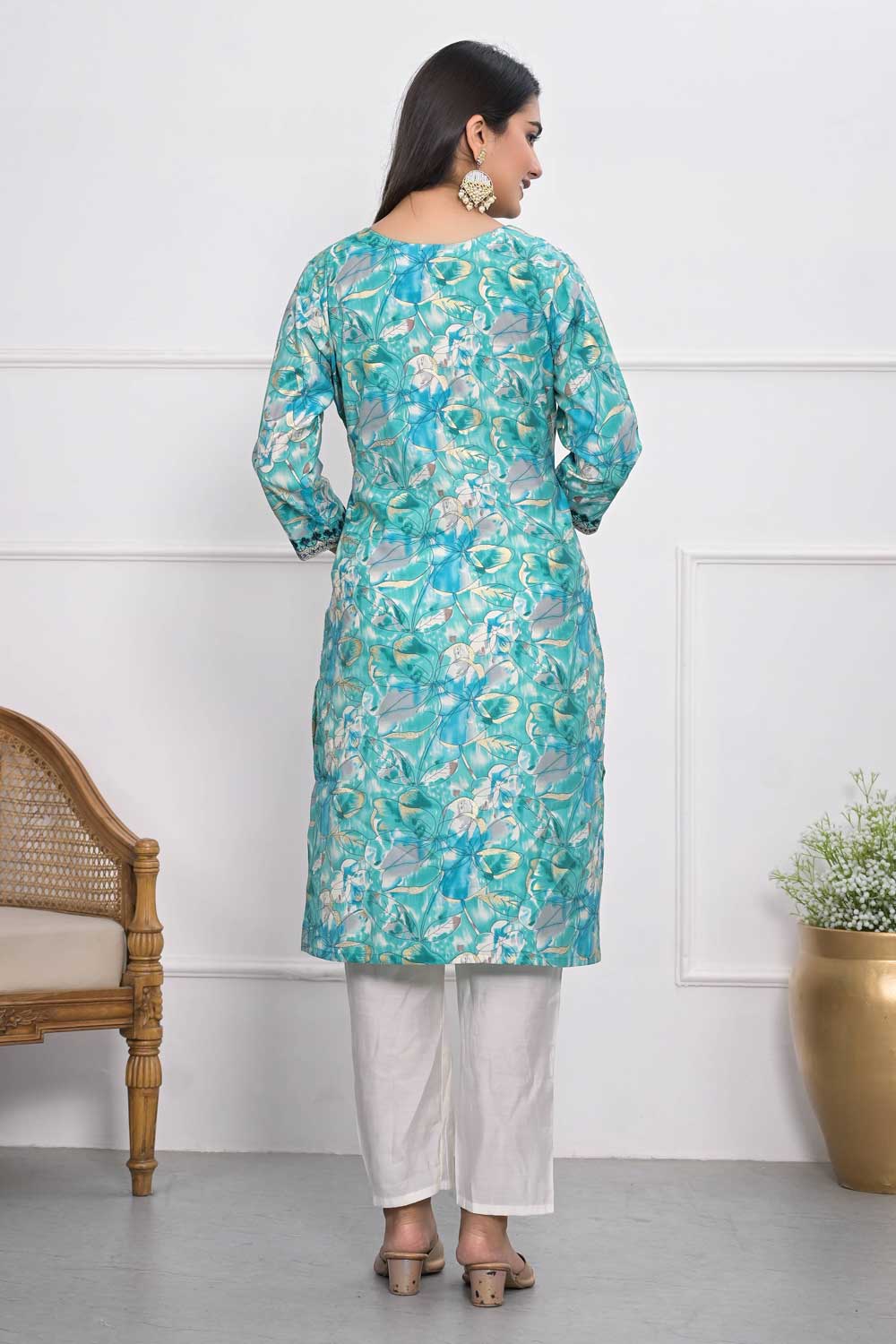 Sober Chanderi Fabric Cyan Color Kurti