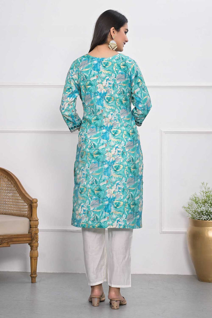 Sober Chanderi Fabric Cyan Color Kurti