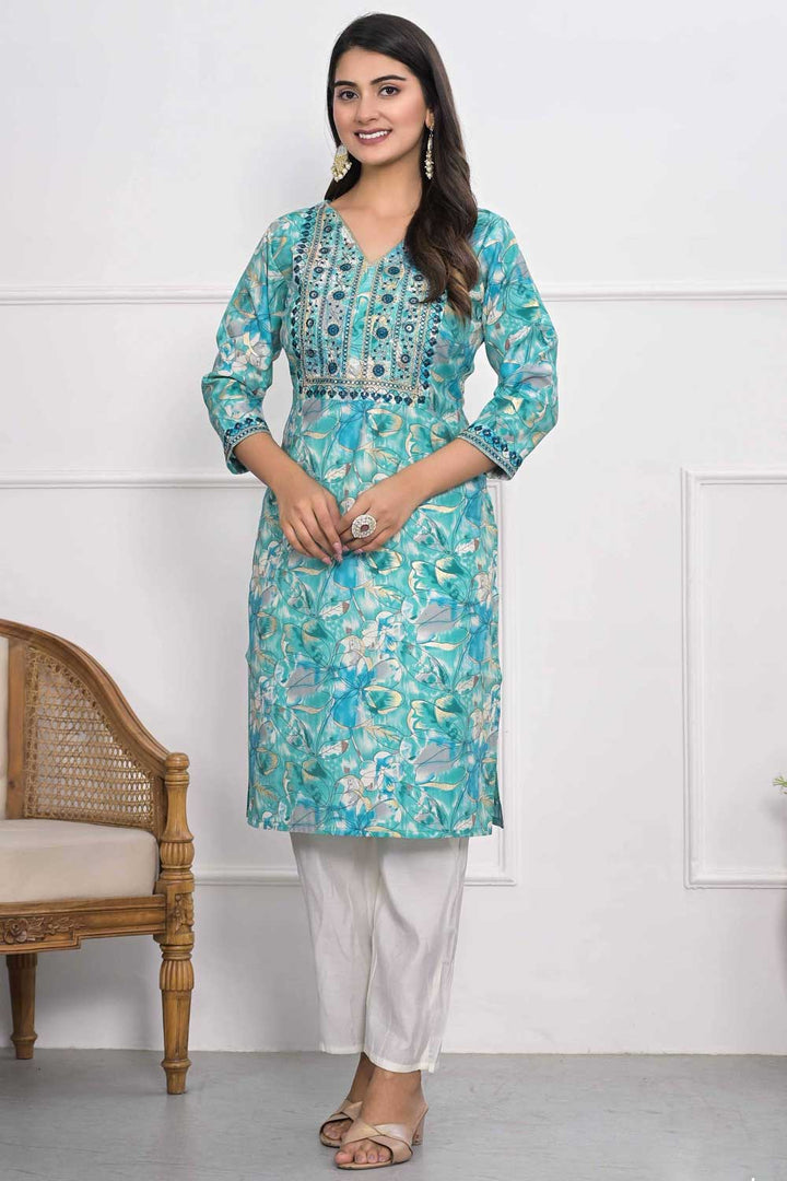 Sober Chanderi Fabric Cyan Color Kurti