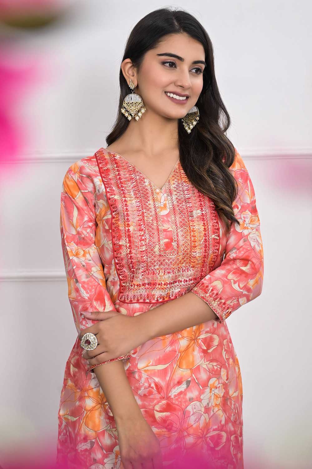 Peach Color Engaging Chanderi Fabric Kurti