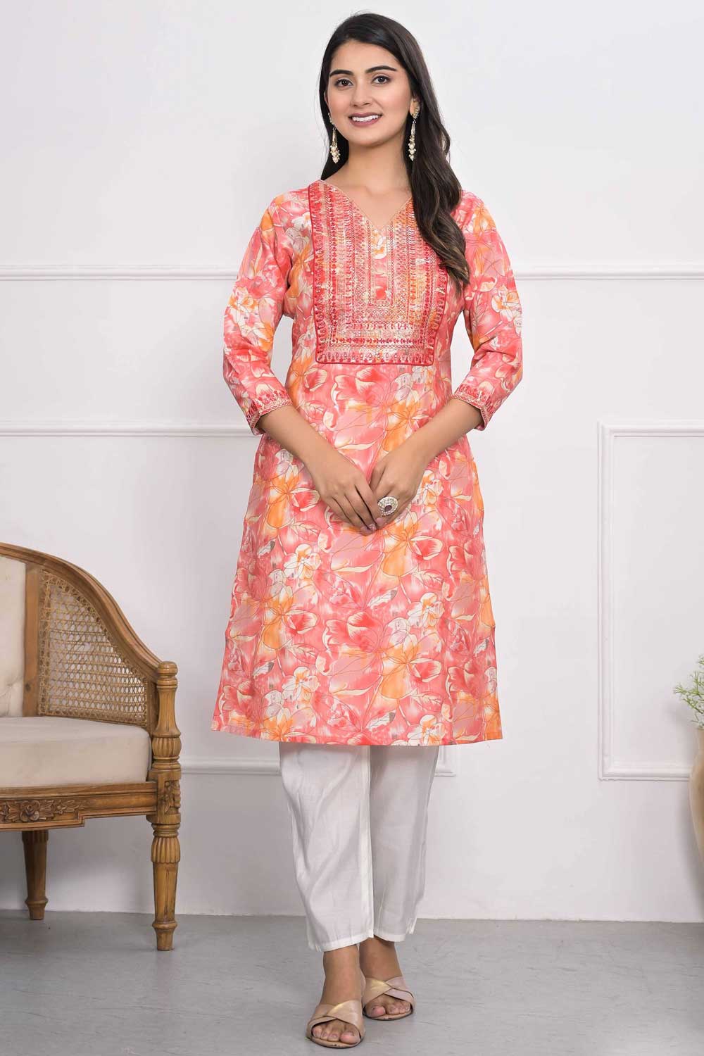 Peach Color Engaging Chanderi Fabric Kurti