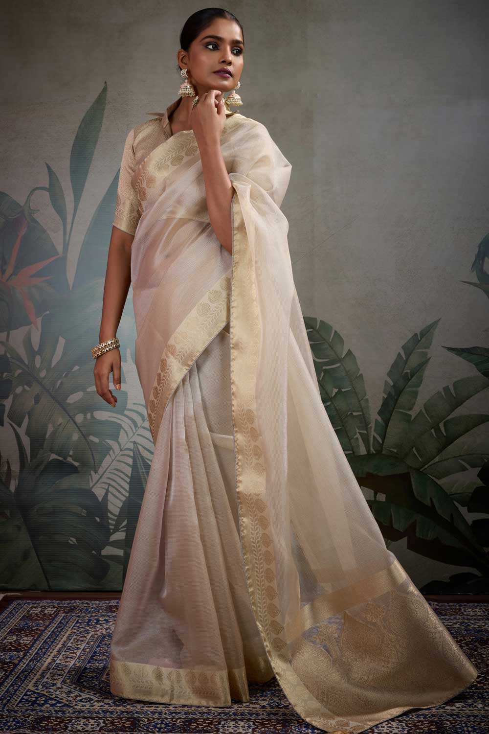 Weaving Work Cream Color Tissue Silk Saree
