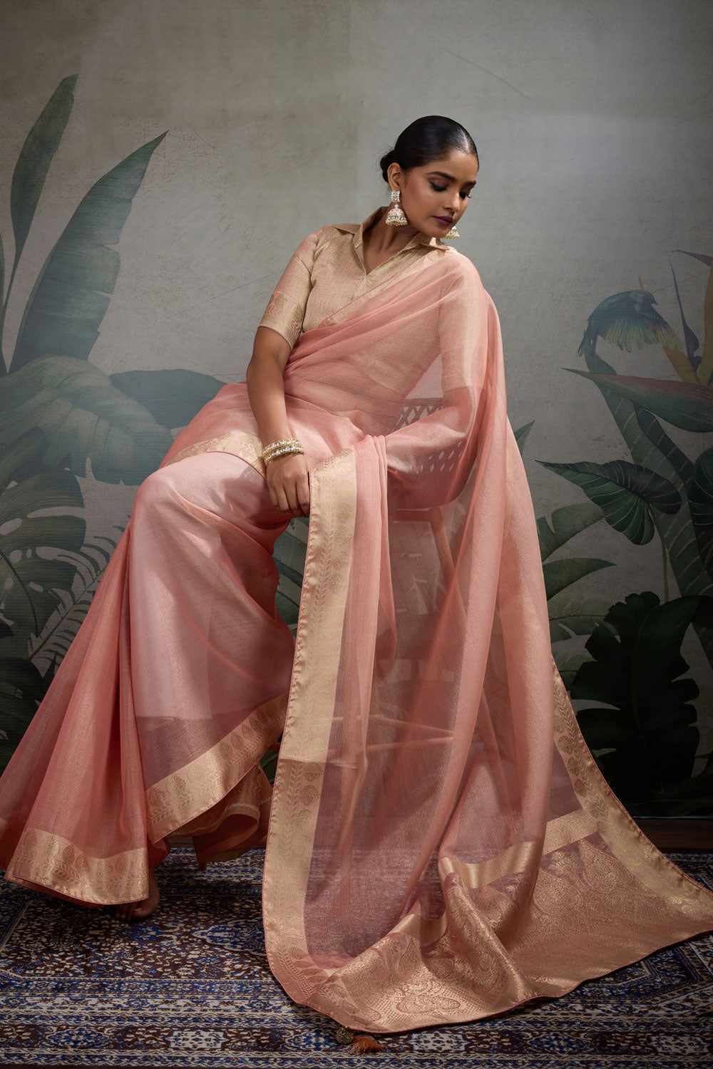 Festive Weaving Work Tissue Silk Saree In Peach Color