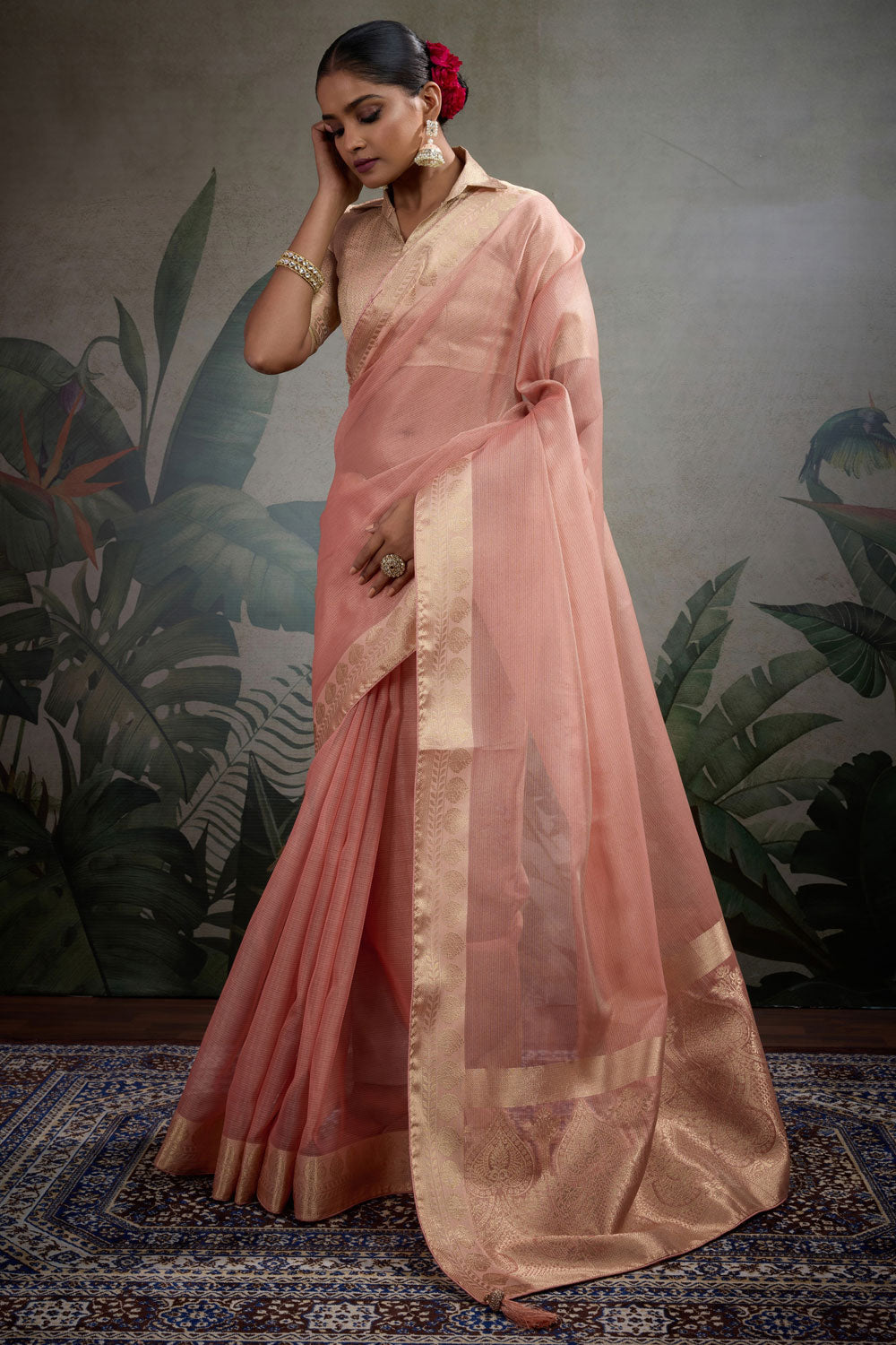 Festive Weaving Work Tissue Silk Saree In Peach Color