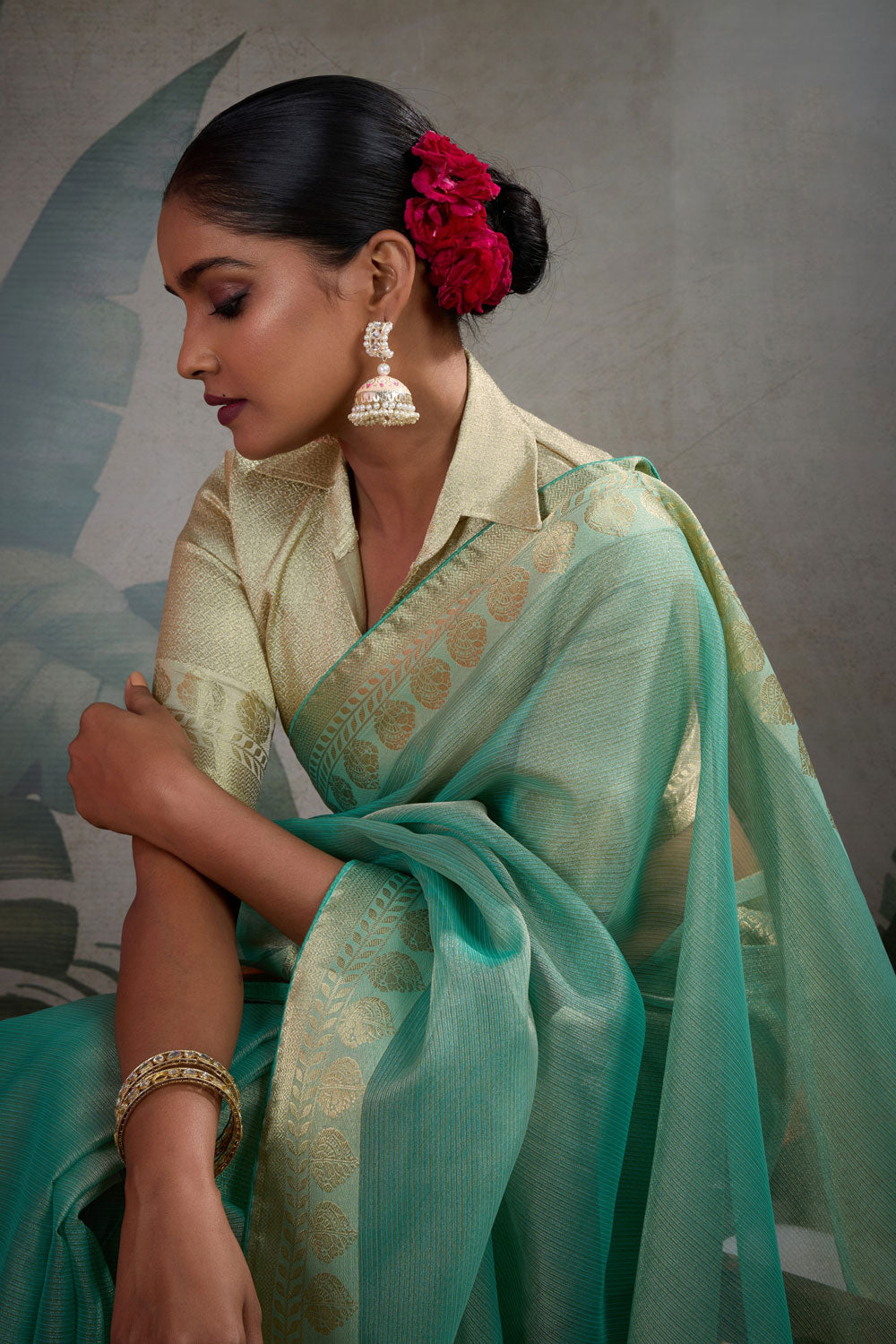 Weaving Work Tissue Silk Saree In Green Color