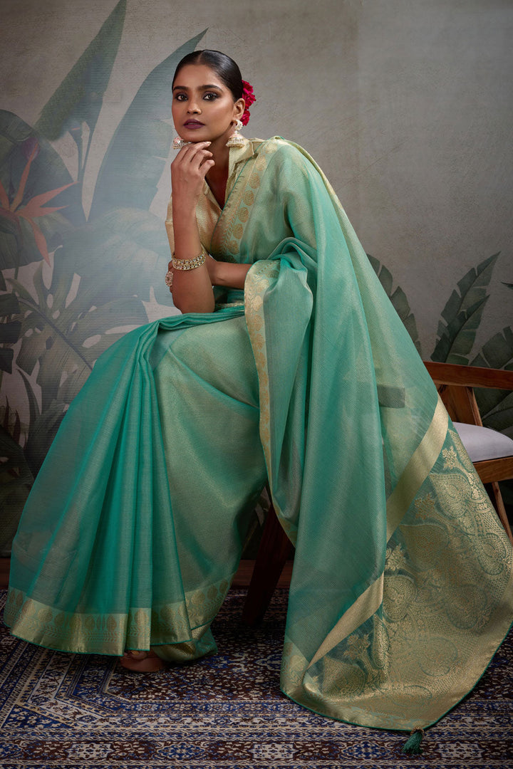 Weaving Work Tissue Silk Saree In Green Color