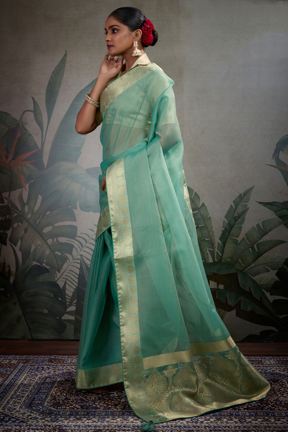 Weaving Work Tissue Silk Saree In Green Color