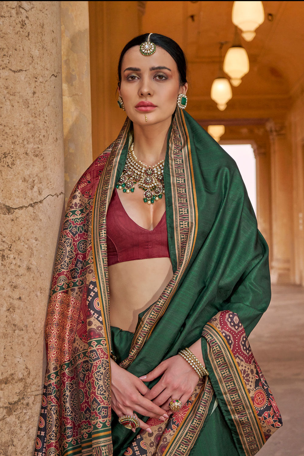 Green Color Ajrakh Print Work Pleasant Art Silk Saree