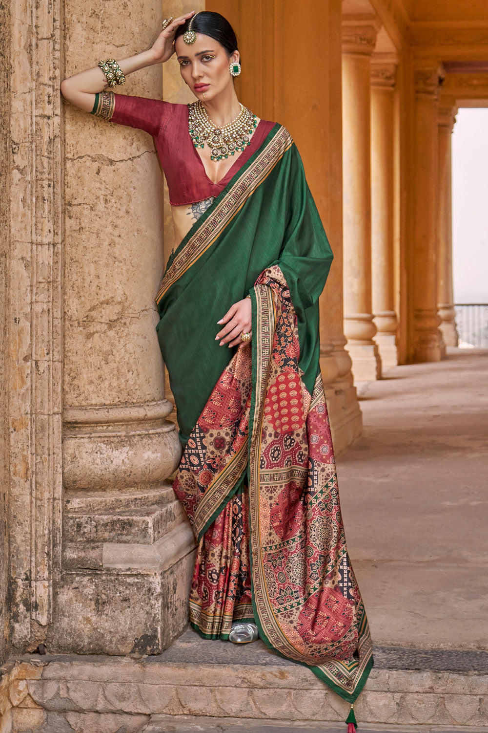 Green Color Ajrakh Print Work Pleasant Art Silk Saree