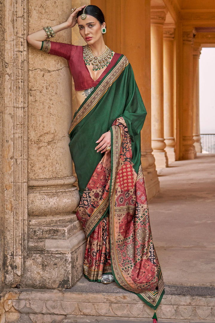 Green Color Ajrakh Print Work Pleasant Art Silk Saree
