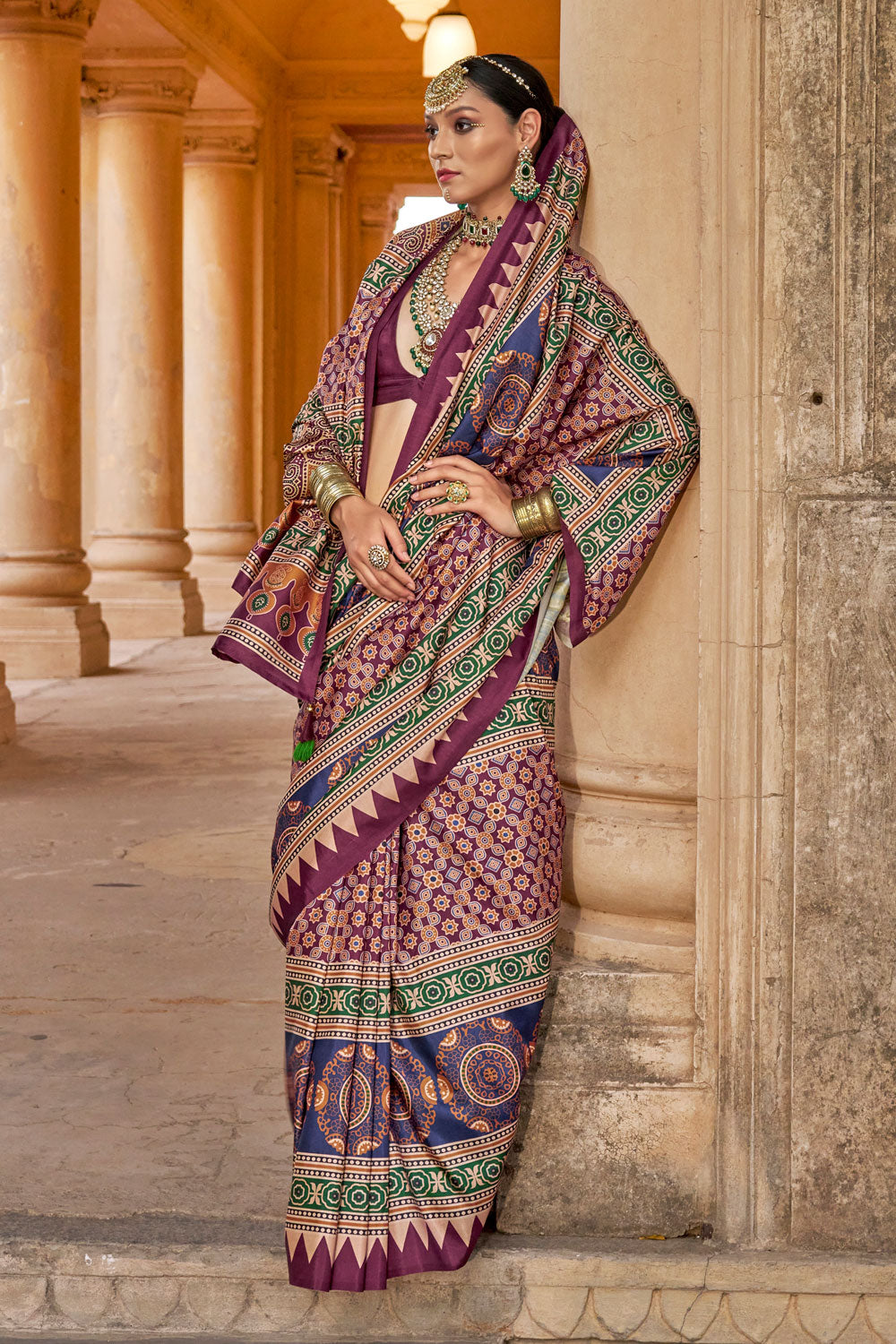 Multi Color Ajrakh Print Work Brilliant Art Silk Saree