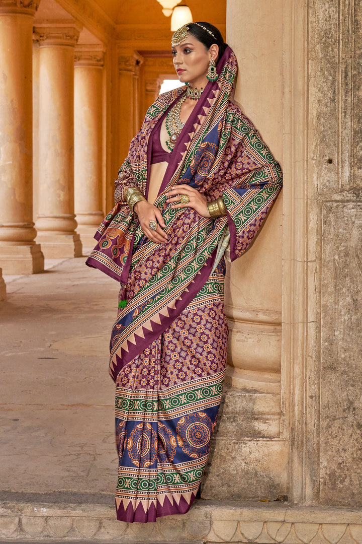 Multi Color Ajrakh Print Work Brilliant Art Silk Saree