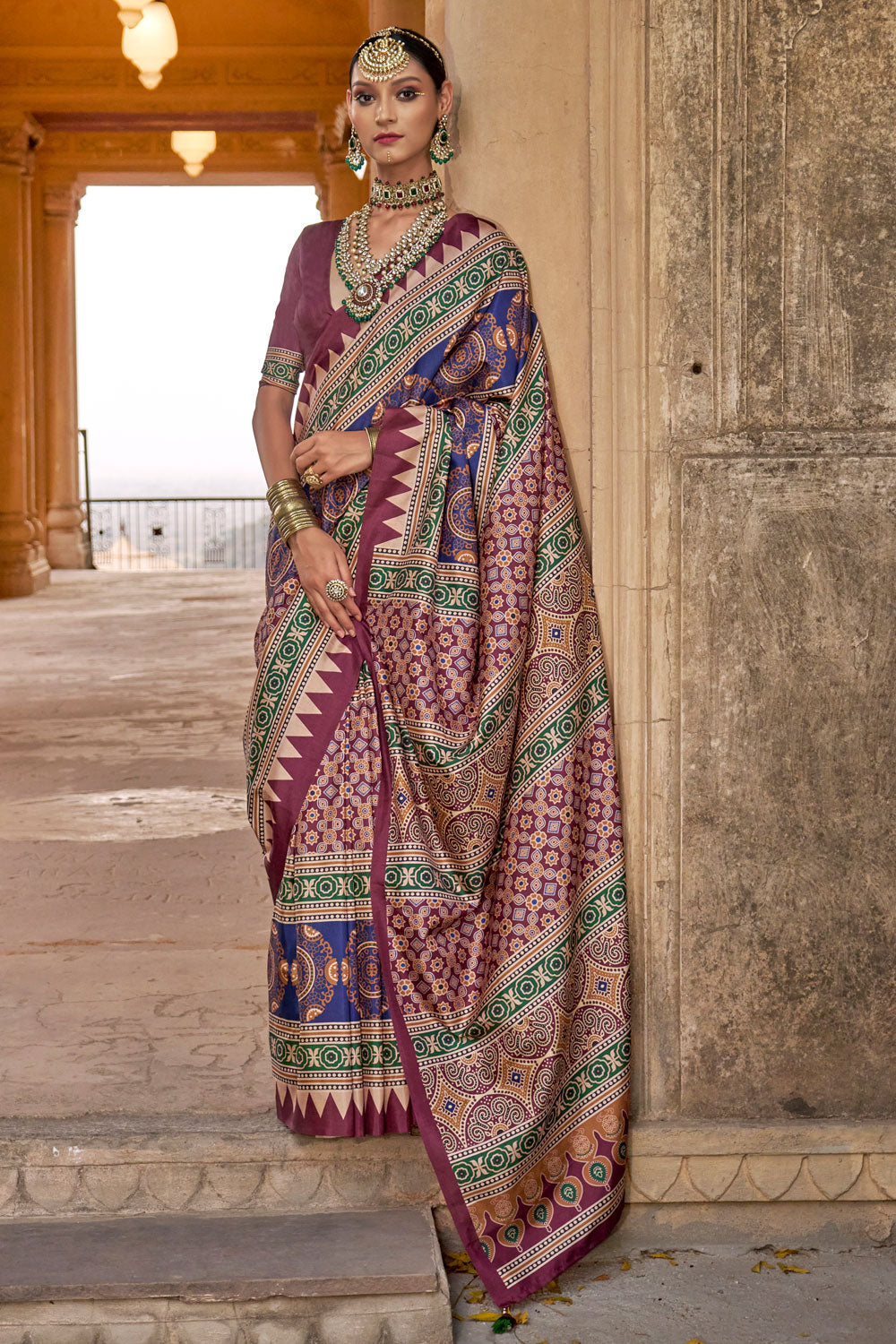 Multi Color Ajrakh Print Work Brilliant Art Silk Saree
