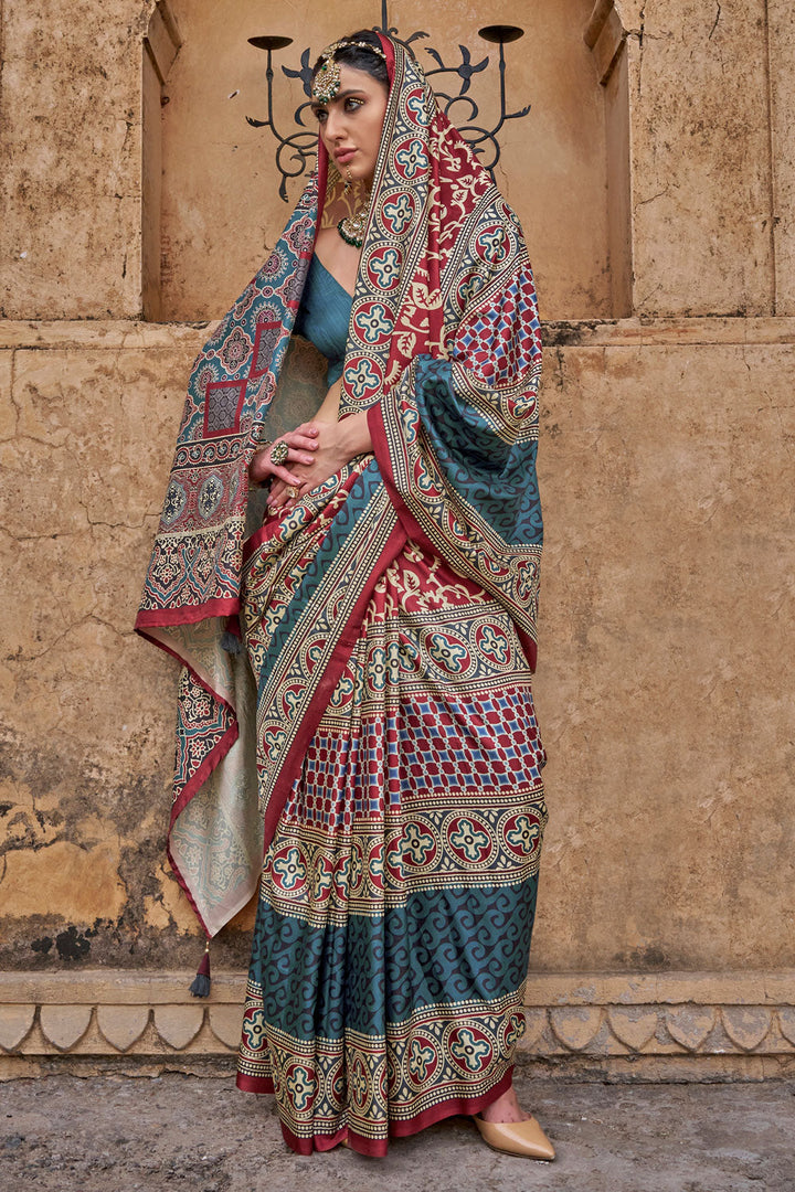 Ajrakh Print Work Imposing Art Silk Saree In Multi Color