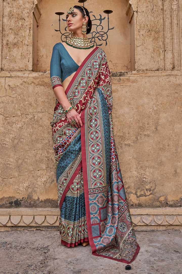 Ajrakh Print Work Imposing Art Silk Saree In Multi Color
