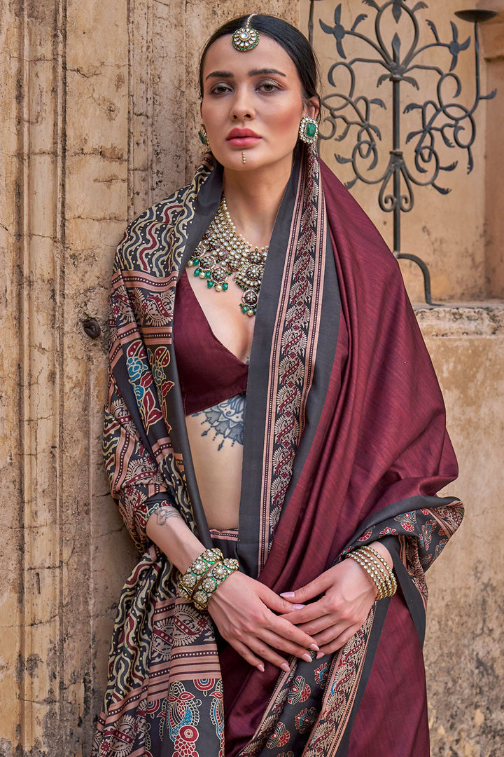Ajrakh Print Work Soothing Art Silk Saree In Wine Color