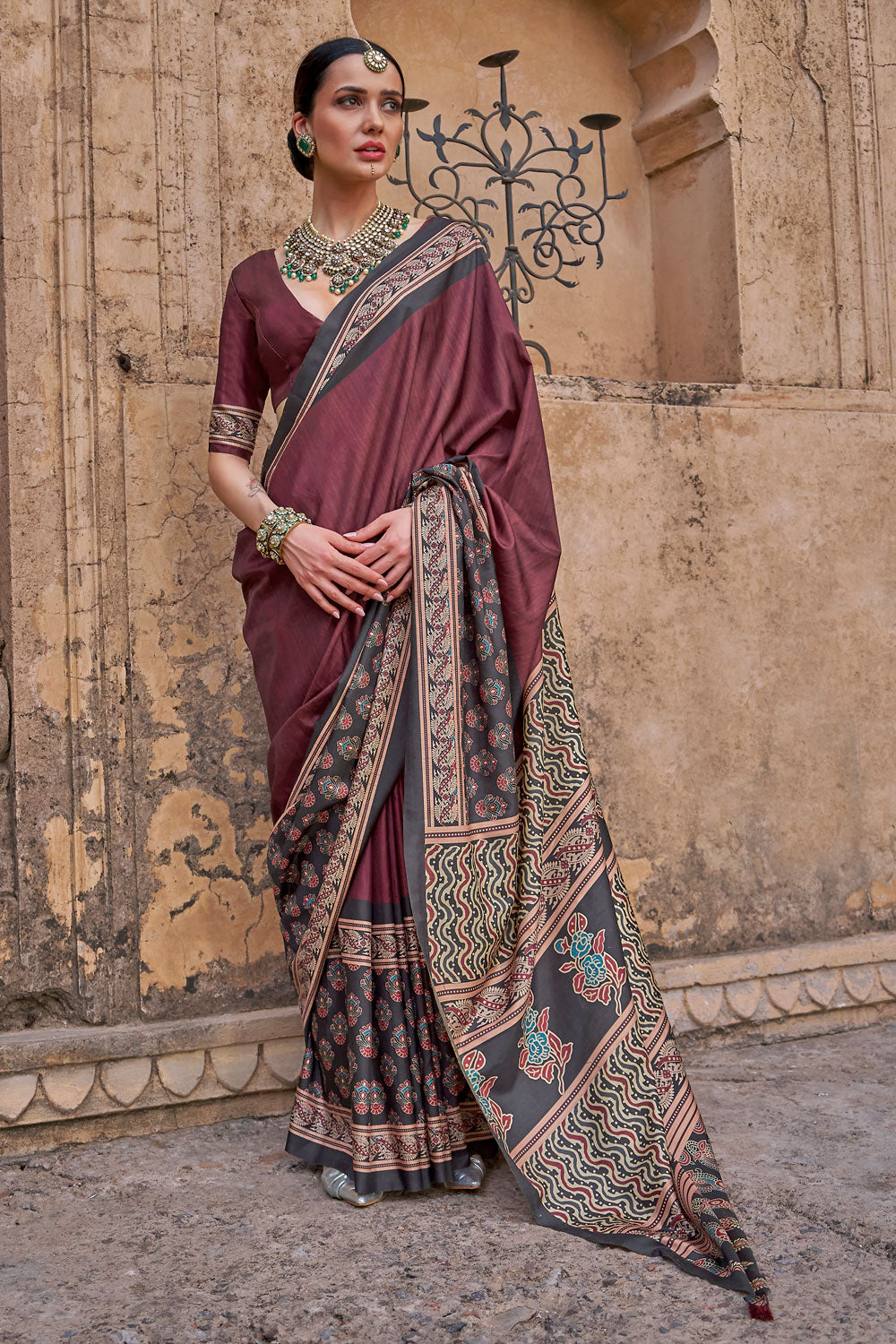 Ajrakh Print Work Soothing Art Silk Saree In Wine Color
