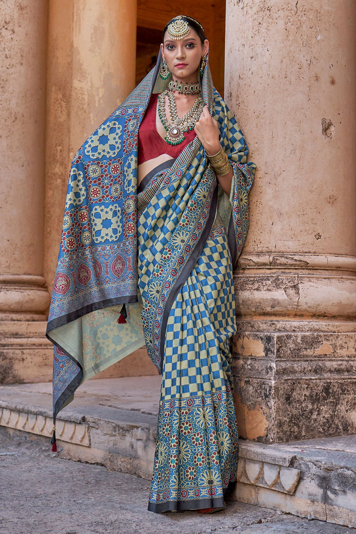 Delicate Multi Color Ajrakh Print Work Art Silk Saree