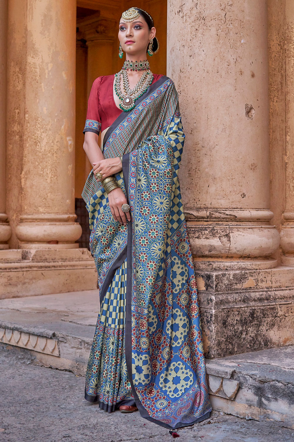 Delicate Multi Color Ajrakh Print Work Art Silk Saree