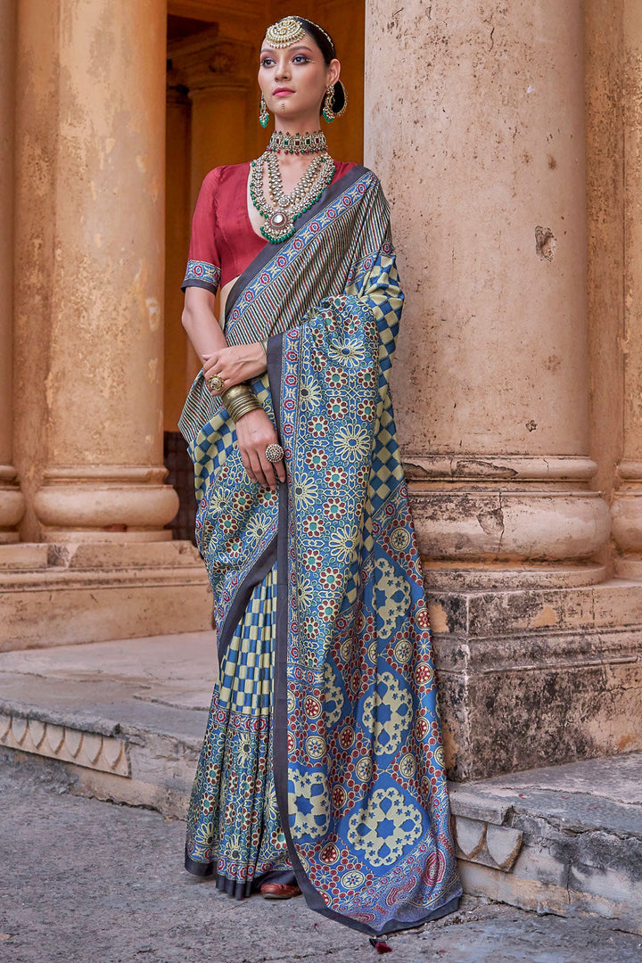 Delicate Multi Color Ajrakh Print Work Art Silk Saree