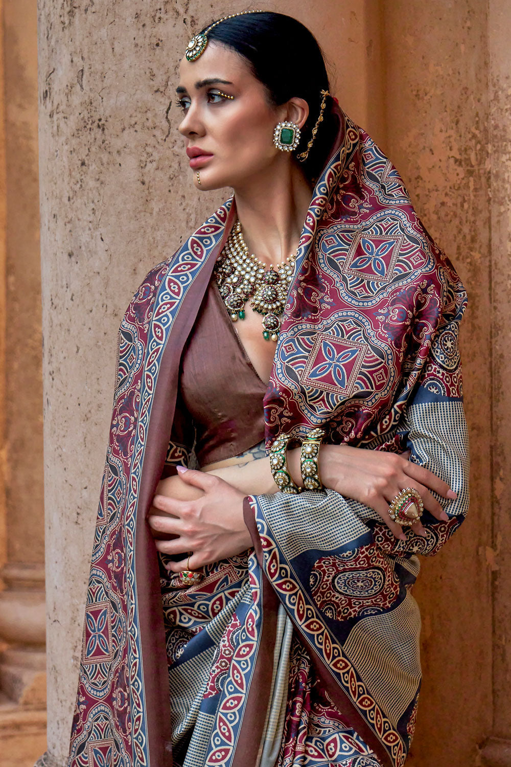 Blazing Multi Color Ajrakh Print Work Art Silk Saree