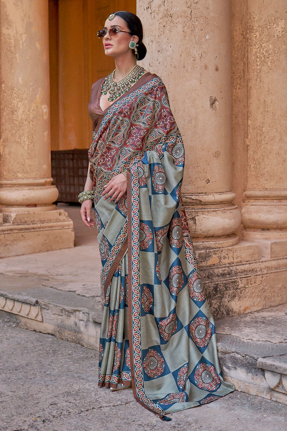 Blazing Multi Color Ajrakh Print Work Art Silk Saree