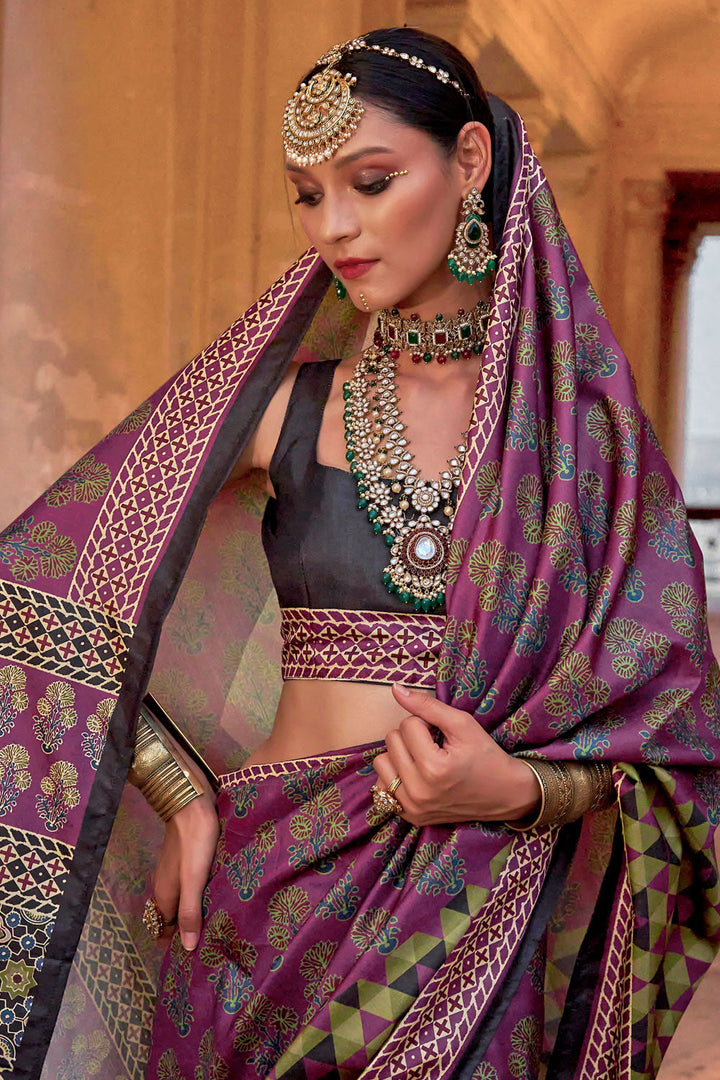 Magenta Color Exquisite Ajrakh Print Work Art Silk Saree