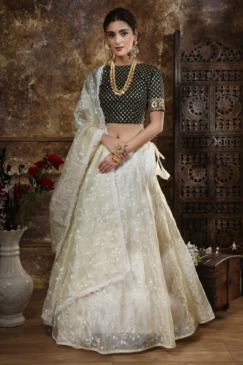 Fancy Fabric Embroidered Off White Color Party Wear Lehenga With Enchanting Blouse