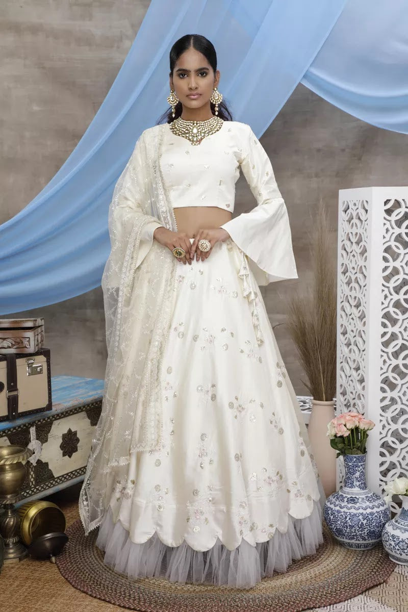 White Color Art Silk Fabric Reception Wear Lehenga Choli With Embroidery Work