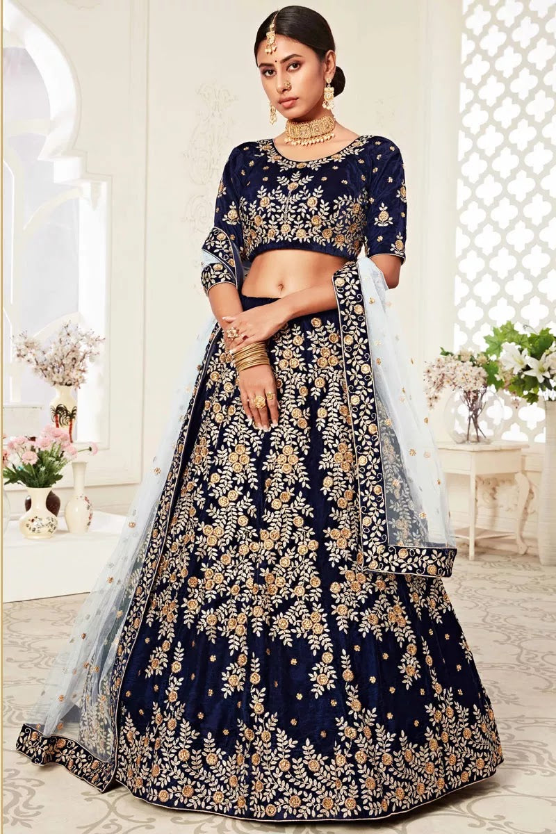 Sangeet Wear Embroidered Fancy Lehenga Choli In Navy Blue Color Velvet Fabric