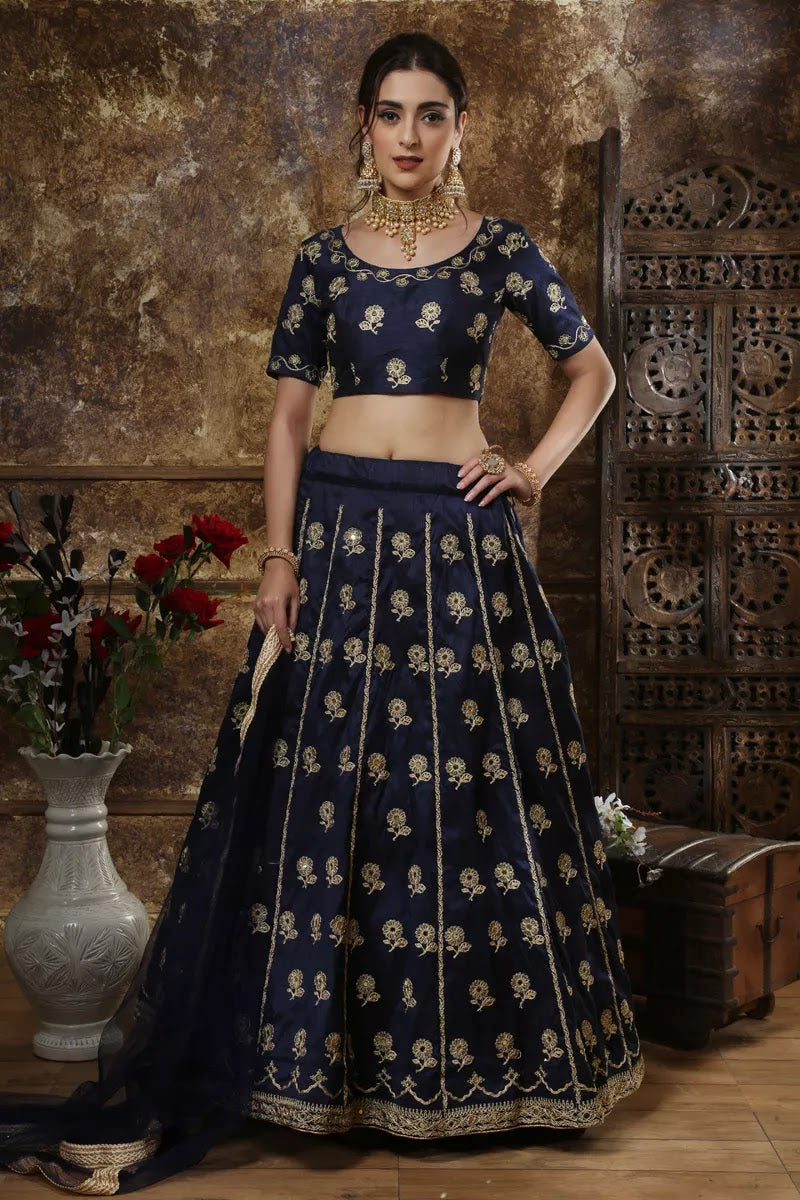 Embroidery Designs On Navy Blue Color Art Silk Fabric Wedding Wear Lehenga