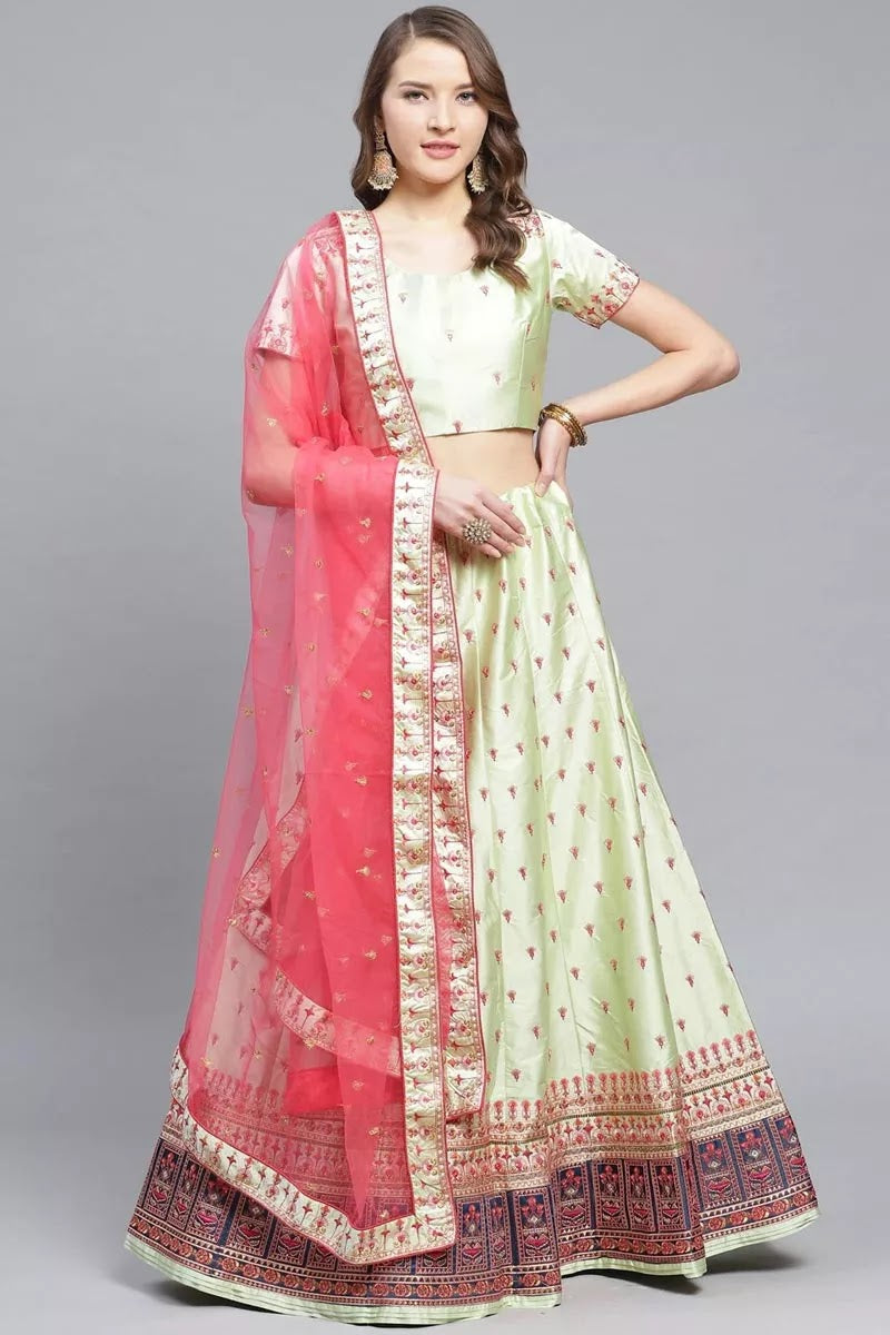 Sangeet Wear Satin Fabric Sea Green Color Embroidered Designer Lehenga Choli