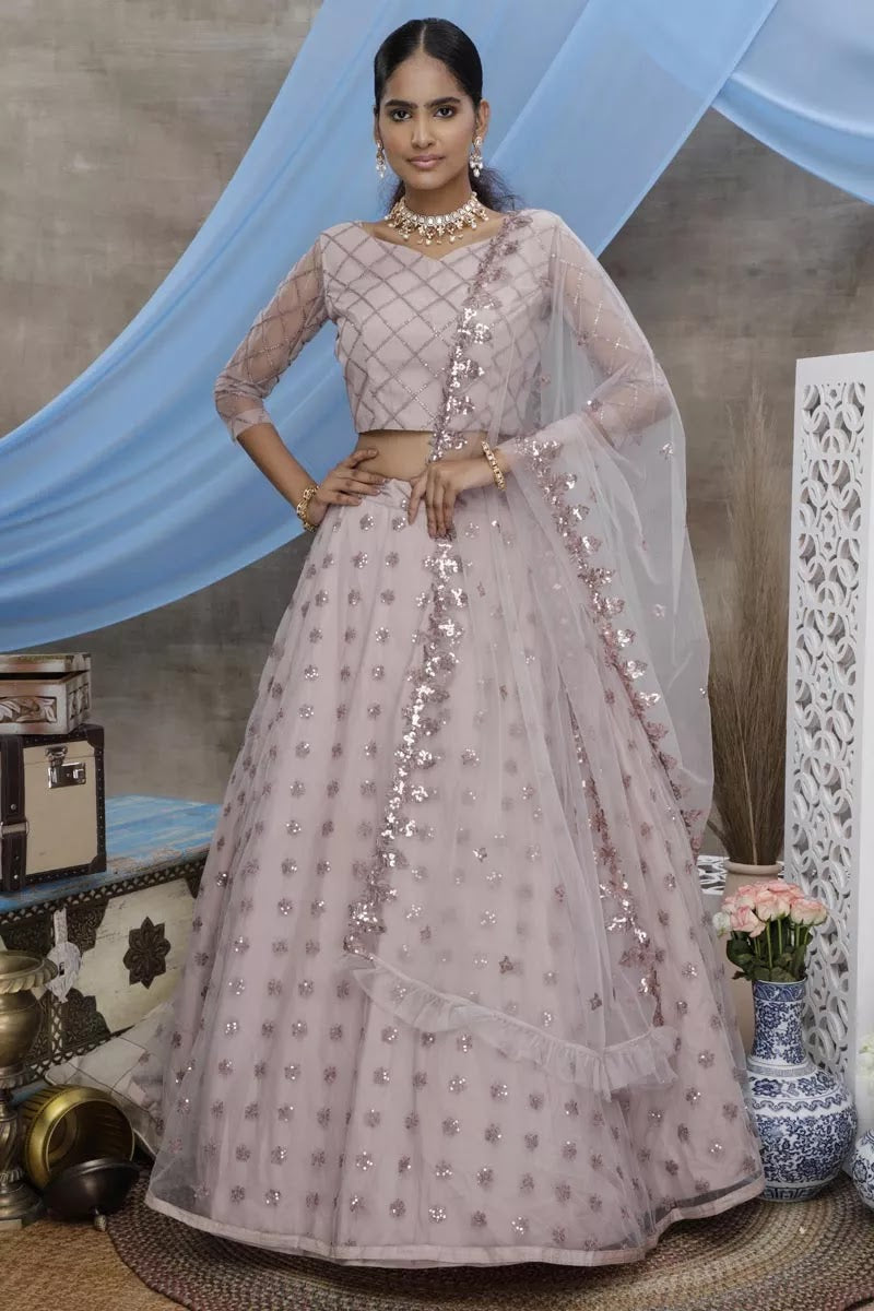 Party Style Lavender Color Net Fabric Thread Embroidered Lehenga Choli
