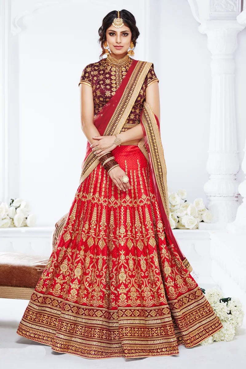 Soothing Art Silk Bridal Wear Lehenga Choli In Red