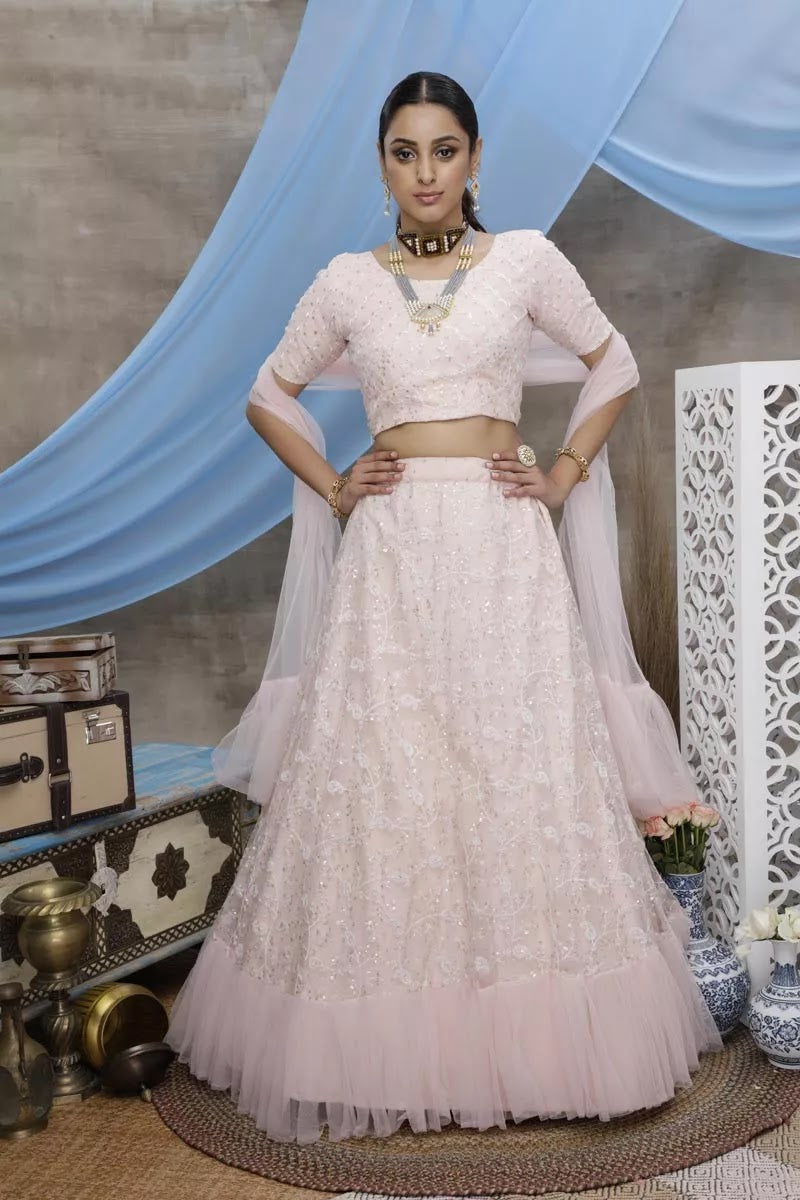Sangeet Wear Net Fabric Thread Embroidered Peach Color Lehenga Choli