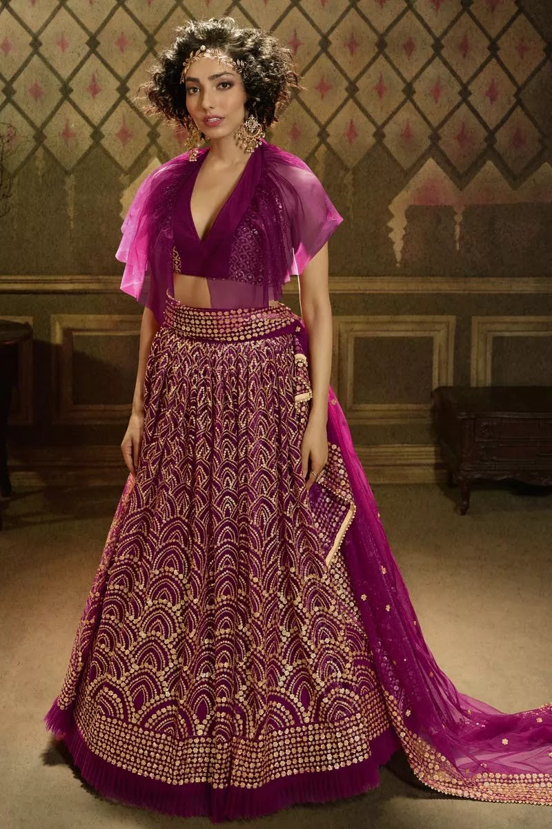 Art Silk Function Wear Fancy Lehenga In Rani Color