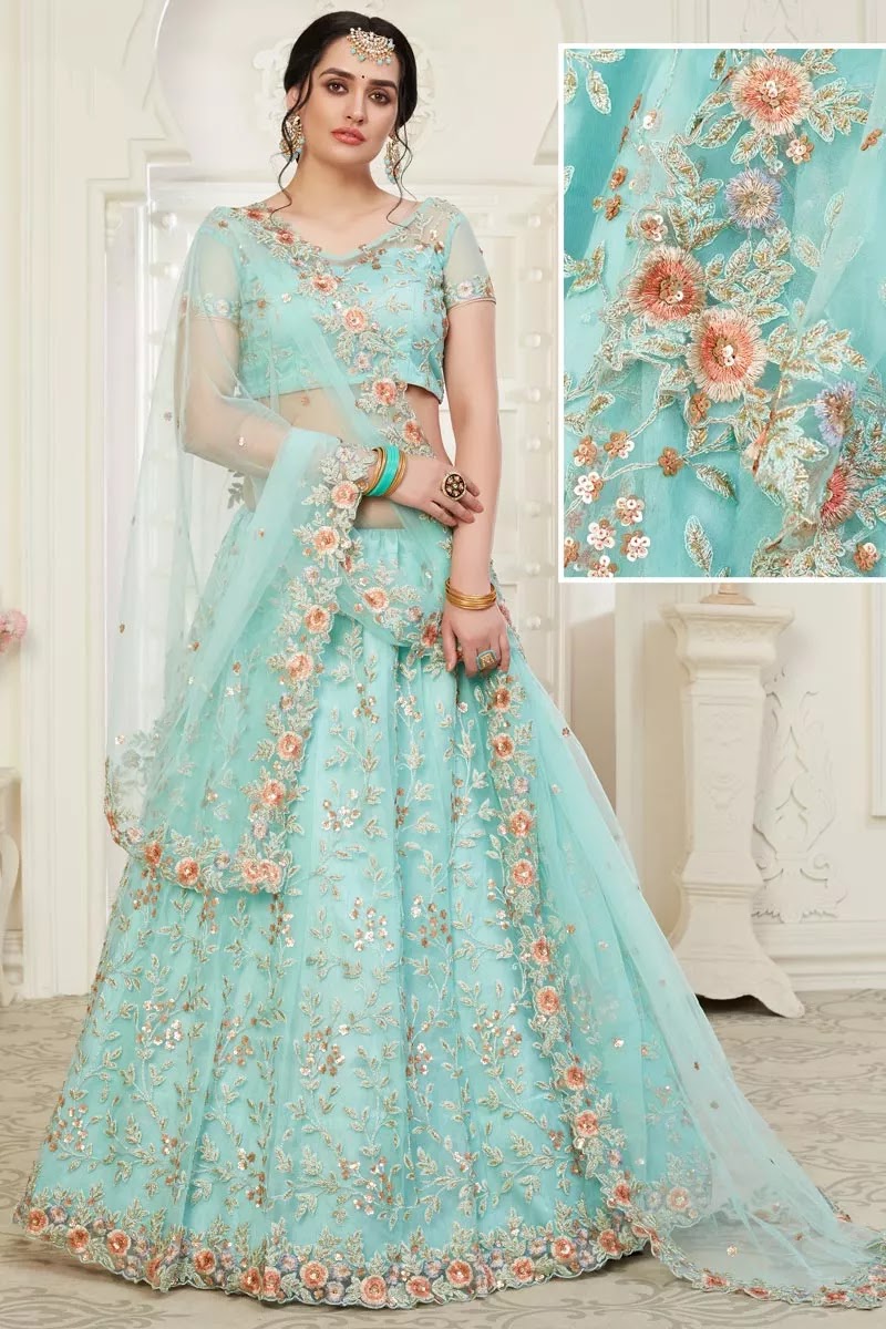 Cyan Color Sangeet Wear Embroidery Work Lehenga In Net Fabric