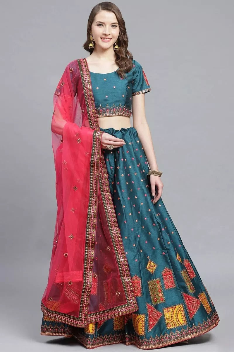 Art Silk Fabric Sangeet Function Wear Classy Embroidered Teal Color Lehenga