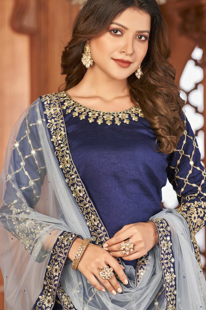 Art Silk Fabric Navy Blue Color Excellent Festive Look Patiala Suits