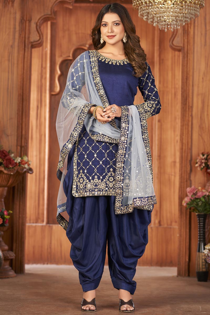 Art Silk Fabric Navy Blue Color Excellent Festive Look Patiala Suits