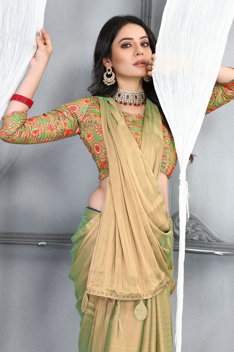 Cream Color Art Silk Fabric Chic Saree With Digital Printed Blouse
