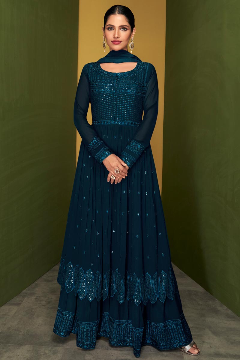 Appealing TealColor Georgette Fabric Vartika Sing Palazzo Suit